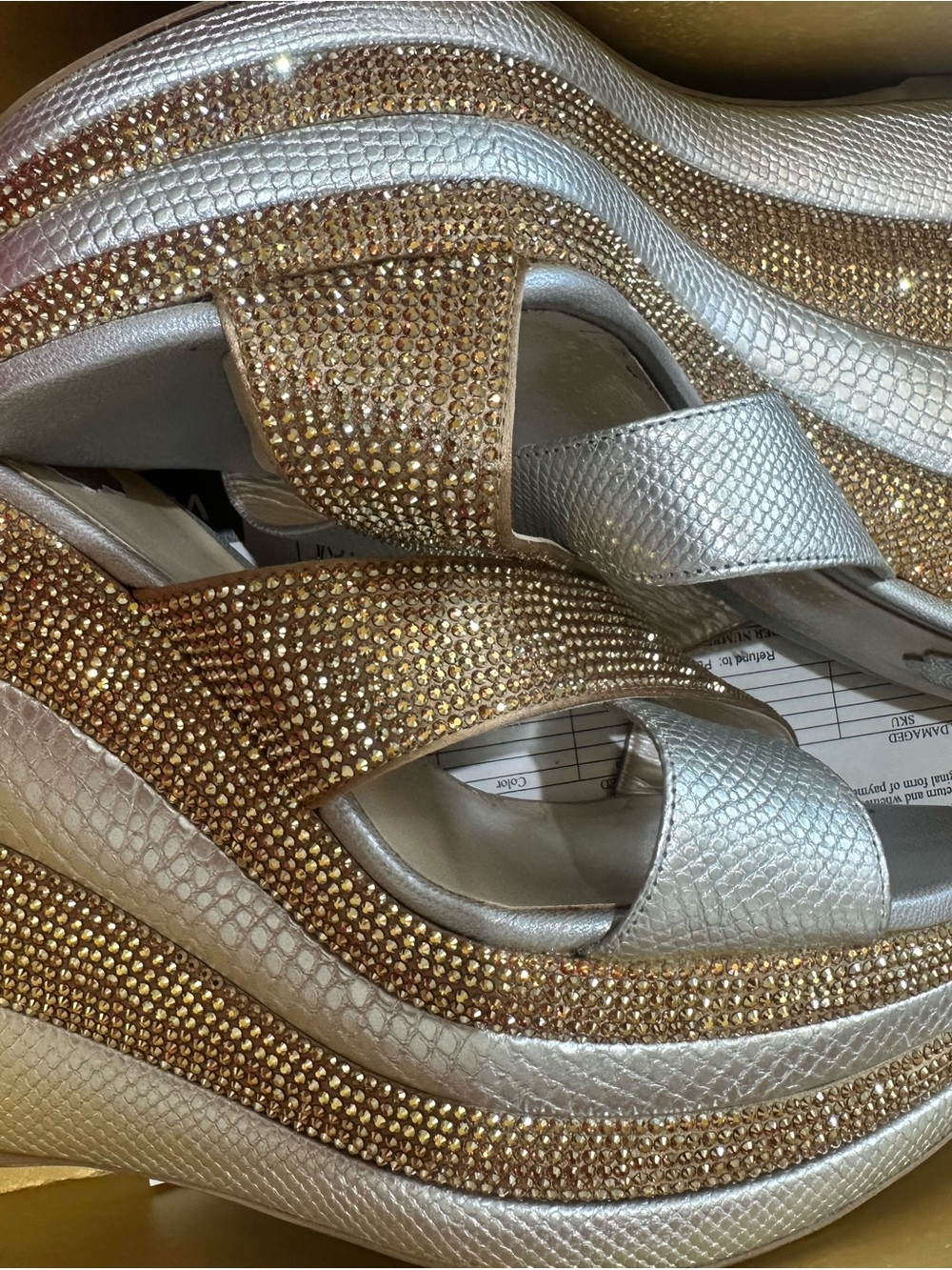 Rene Caovilla Silver and Gold Jeweled Wedge Sandals